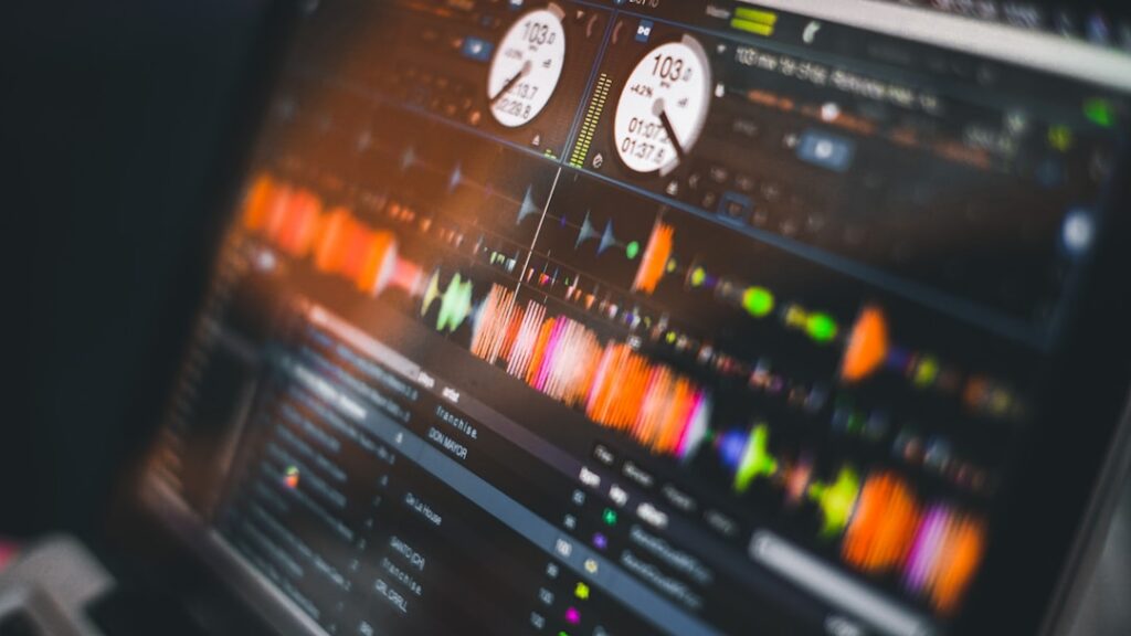 Notas musicais digitais e ondas sonoras geradas por inteligência artificial