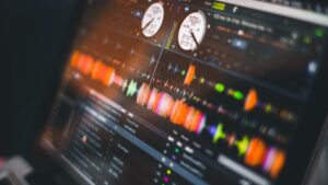Notas musicais digitais e ondas sonoras geradas por inteligência artificial